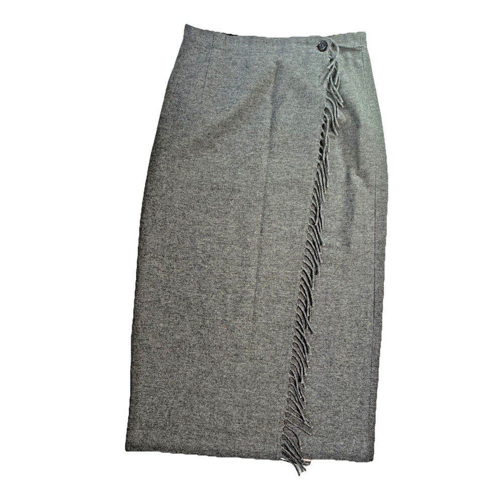 Vintage Lizwear Fringed Wrap Long Skirt Sz 6 Gray Wool Blend Country Boho Preppy
